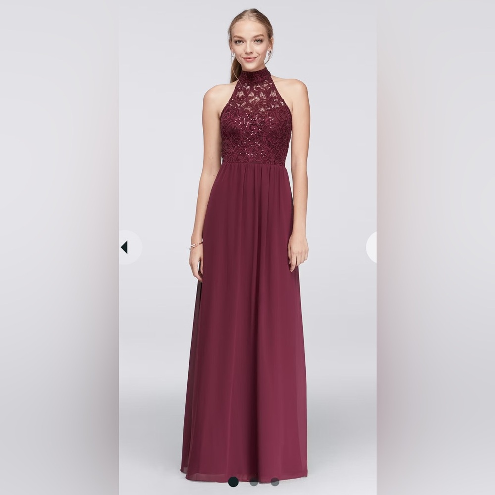 Size 3 David’s Bridal Burgundy Chiffon High-Neck Gown with Ladder Back Detail